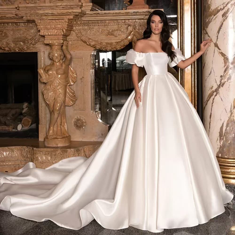 Cross-border Strapless One-Shoulder Evening Dress Satin New Simple Amazon Outdoor Wedding European American Export Light Wedding Gown