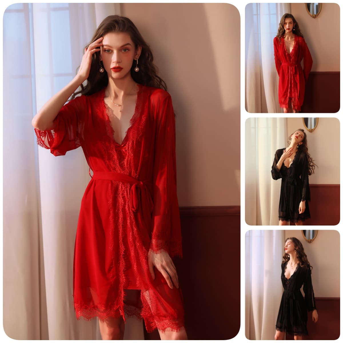 Summer thin sexy see-through lace mesh nightgown V-neck lace-up long-sleeved women's high-end home dressing gown 062