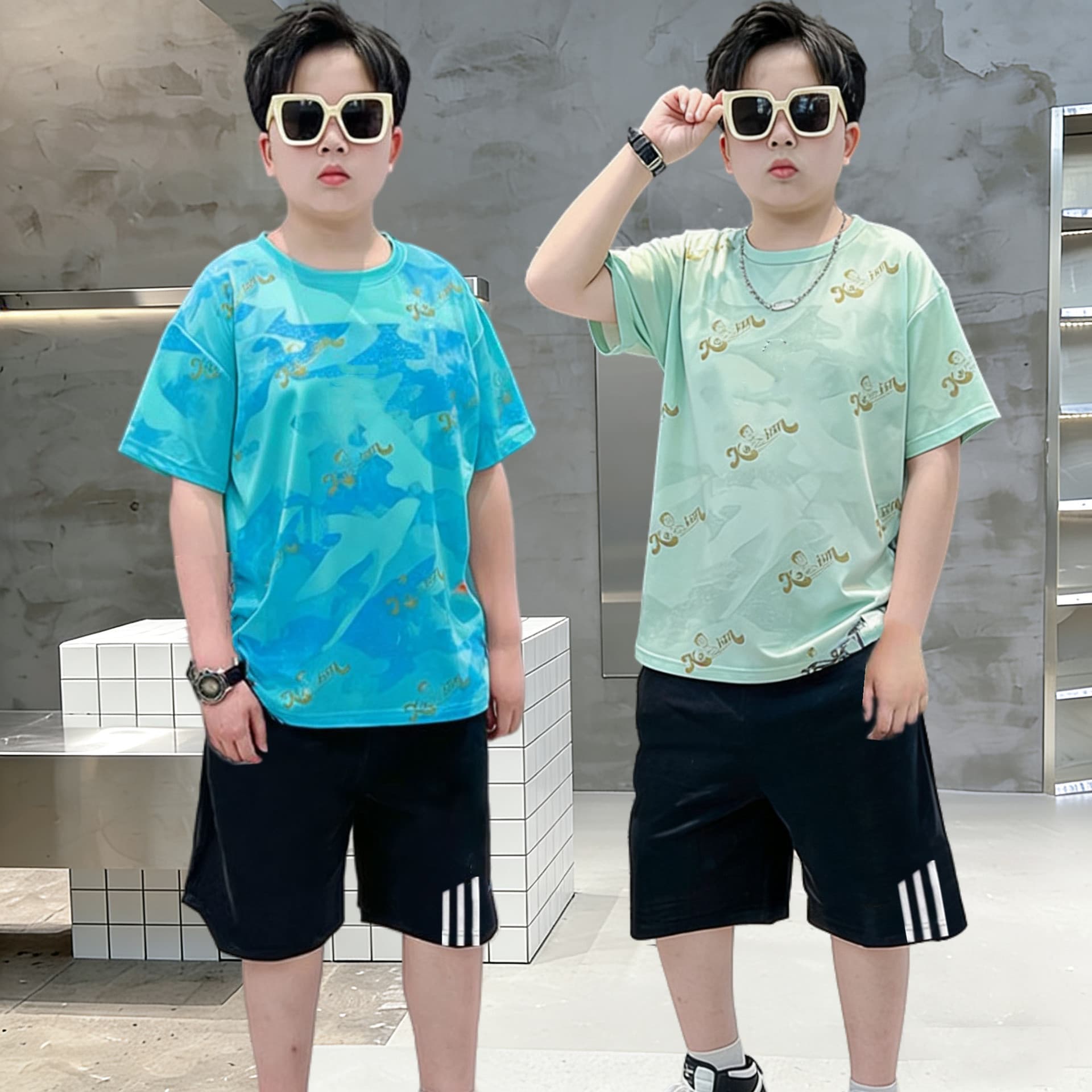 Chubby Boy Ice Silk Quick-Dry Short Sleeve T-Shirt Summer Plus Size Sweat-Absorbing Sports Basketball Top for Older Children