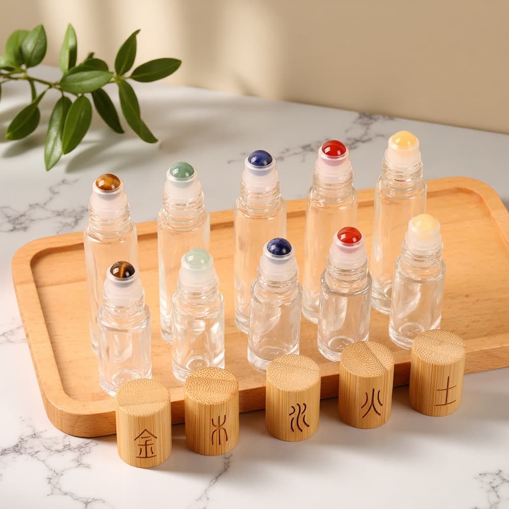 Bamboo Lid Five Elements Metal Wood Water Fire Earth Roller Bottle Five Elements Theme Jade Roll-On Bottle Essential Oil Dispensing Bottle Engravable Logo