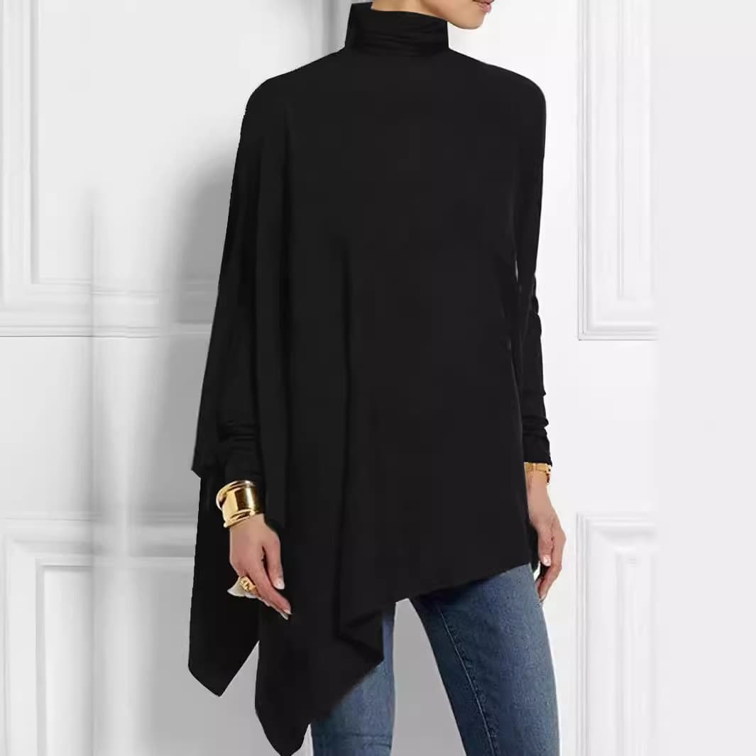 2024 Cross-border Trade Amazon Walmart Spring/Fall New High Neck Loose Long Sleeve Asymmetrical Base Top for Women