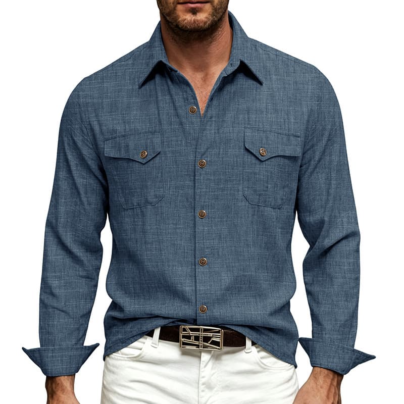 Cross-border Men's Plus Size Cotton Linen Double Pocket Long Sleeve Turn-down Collar Shirt Export Men's Solid Color Casual Button-up Top