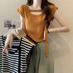 Cap Sleeve Top for Women, Designer Trendy Summer Short Ice Silk Knit Top, Slim Fit Short Sleeve Tee