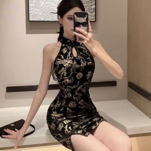 New Chinese Style Off-Shoulder Cheongsam Halter Button Dress, High-End Summer Print Short Dress, Waist Slit Bodycon Dress