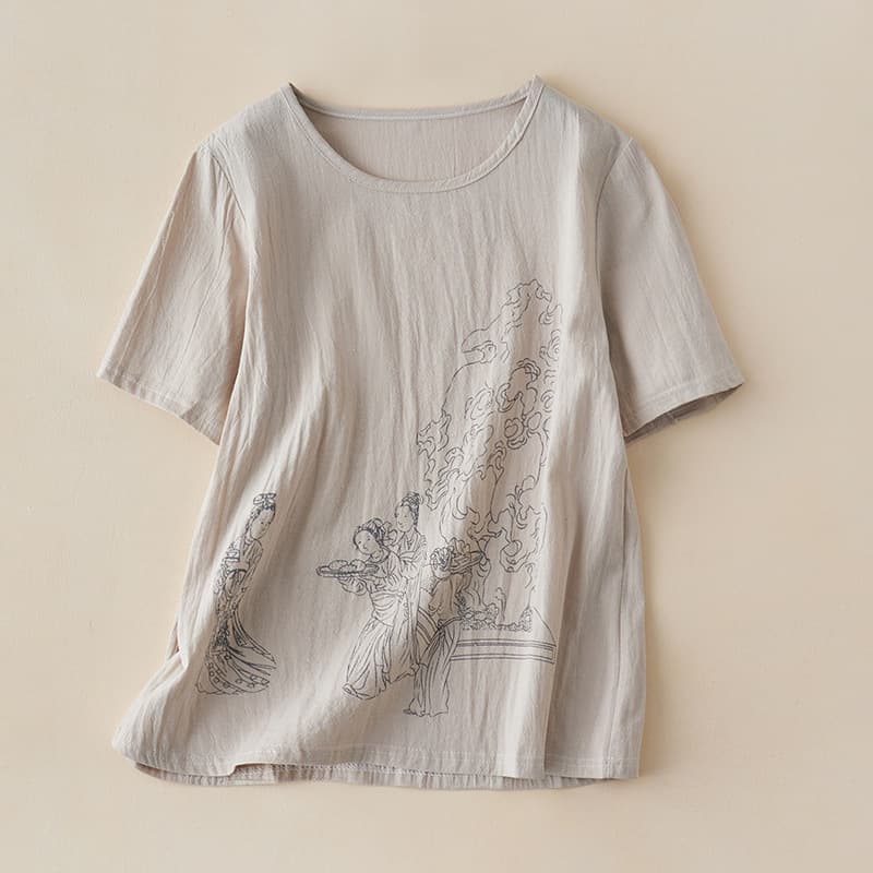 Chinese Style Artistic Retro Cotton Linen Top Women 2025 Summer New Short Sleeve Round Neck Loose Plus Size Casual T-Shirt