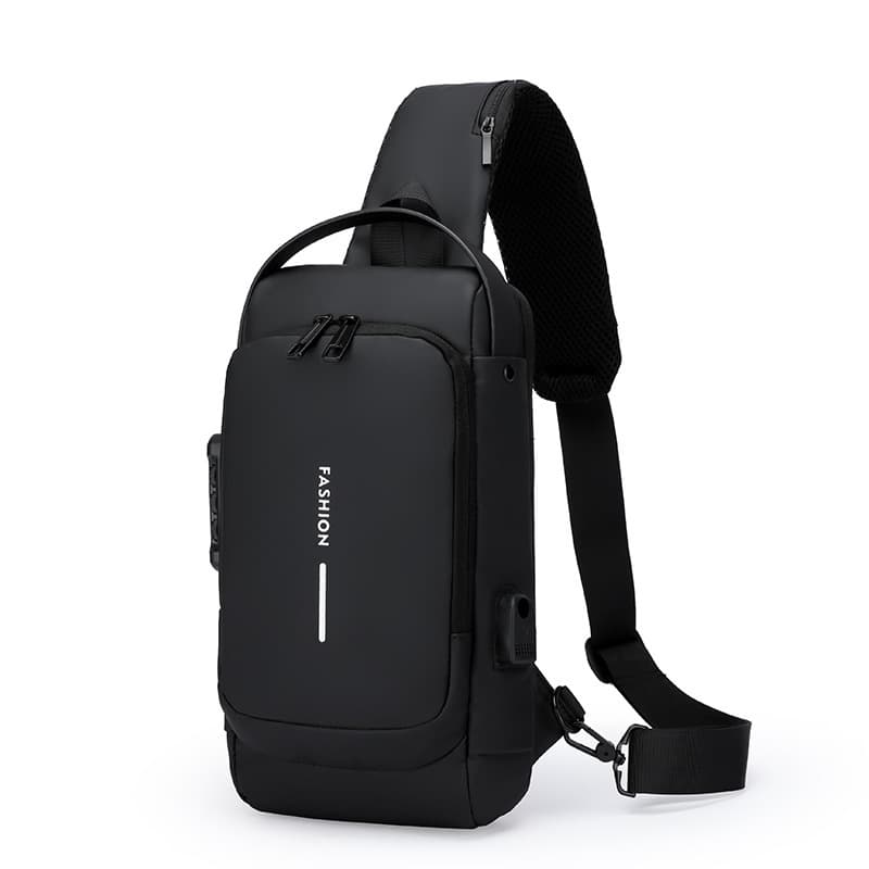 Password Lock Chest Bag Anti-Theft Leather Texture Waterproof USB Charging Port Multifunctional Sports Sling Crossbody Motorcycle Cycling Bag