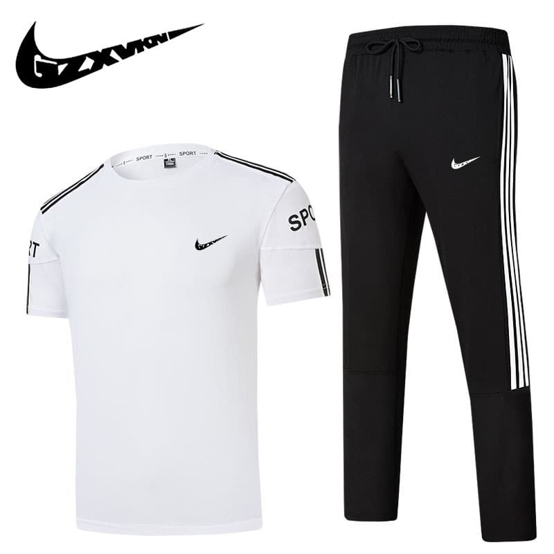 Summer New Couple Set Breathable Ice Silk Men's Short Sleeve T-Shirt Casual Plus Size Men's and Women's Long Pants Two-Piece Set