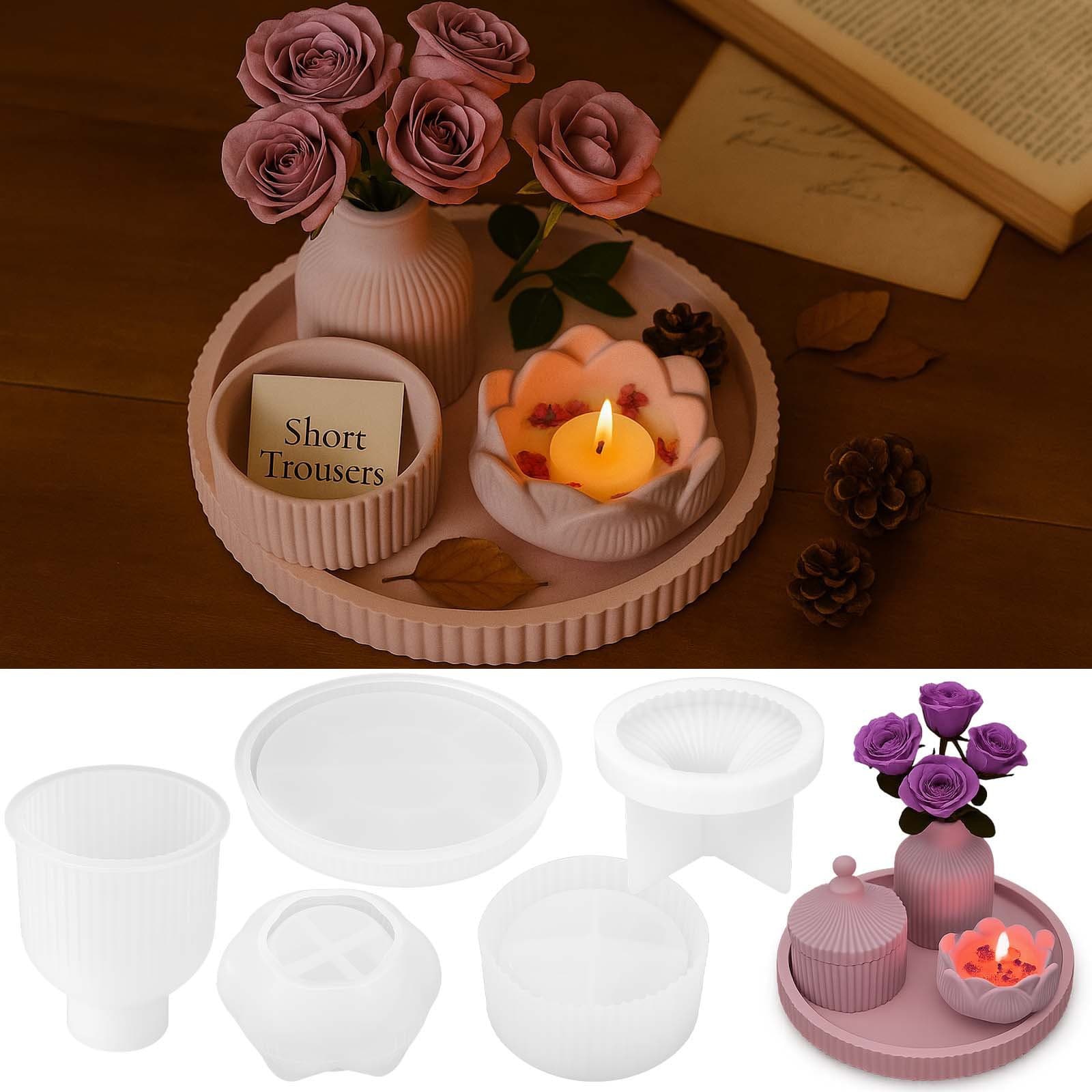 DIY Lotus Candle Holder Striped Vase Storage Box Tray Plaster Silicone Mold