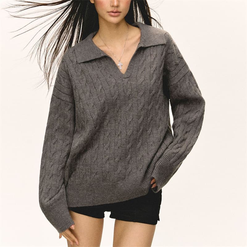 Foreign trade autumn new style lazy style twist lapel sweater sweater high-end cross-border simple long-sleeved top for women