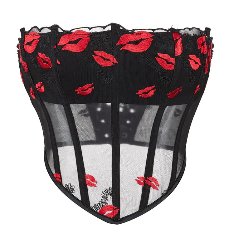 Red Lip Print Mesh Women's Strapless Breathable Court Top Polyester Fiber Thin Model Four Seasons Universal No Button