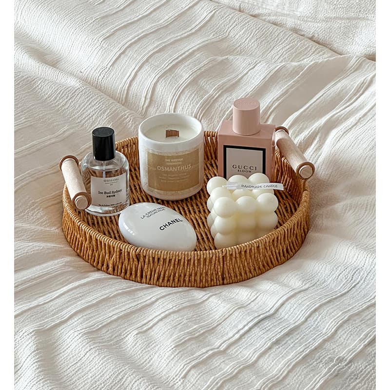 Korean-style faux rattan woven storage tray with wooden handle, decorative display basket