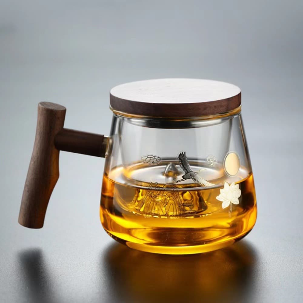 Walnut Wood Handle Three-Piece Cup Borosilicate Glass Simple Heat-Resistant Tea Infuser Cup with Filter for Drinking
