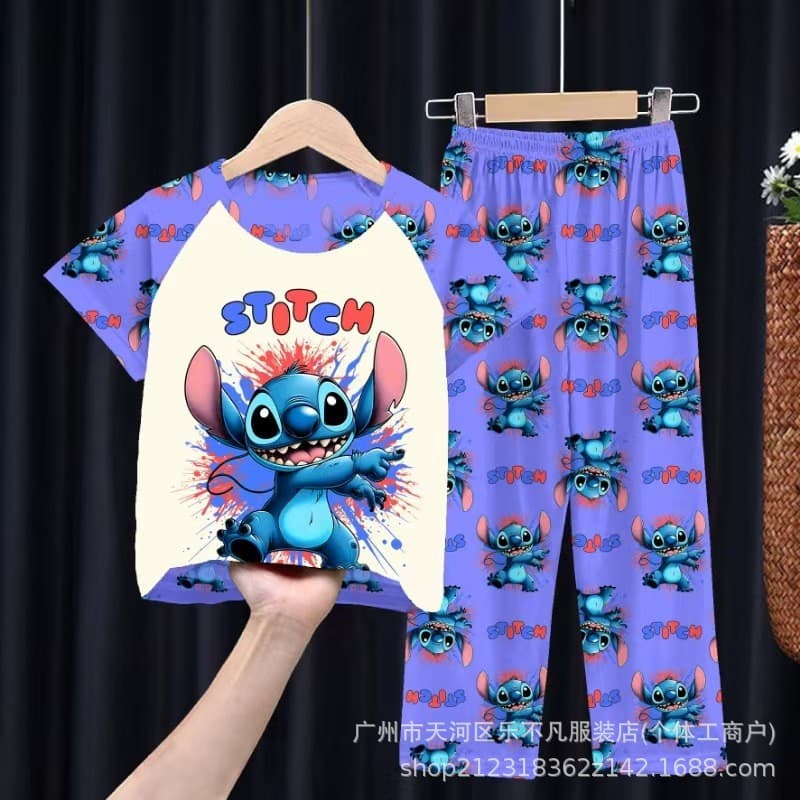 New Children's Pajamas Girls Spring Summer Short Sleeve Long Pants Boys Set Home Wear Cartoon Stitch Air Conditioning Suit Boys