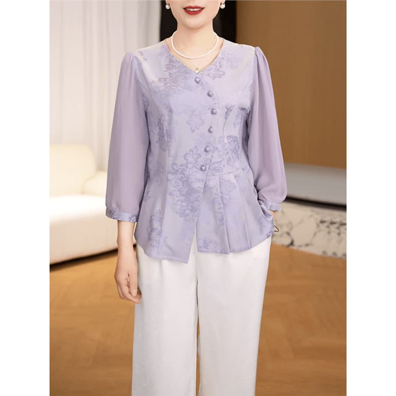 New Chinese Style Half Sleeve Chiffon Shirt Women's Summer New Elegant Waist Small Shirt Mother's Western Style National Style Top