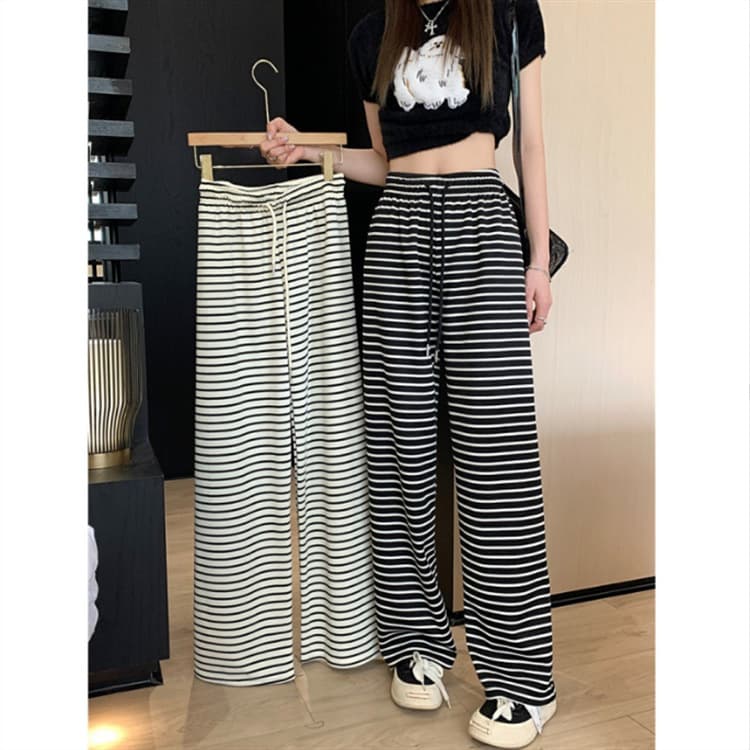 Black and white horizontal striped towel wide-leg pants straight-leg casual pants for women in spring and summer slimming drapey drawstring mopping pants