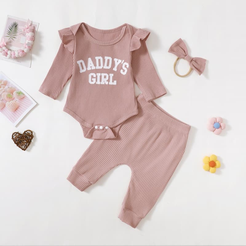 Cross-border infant and young girls autumn striped fabric popular printed suit long-sleeved hoodie + trousers + headband three-piece set