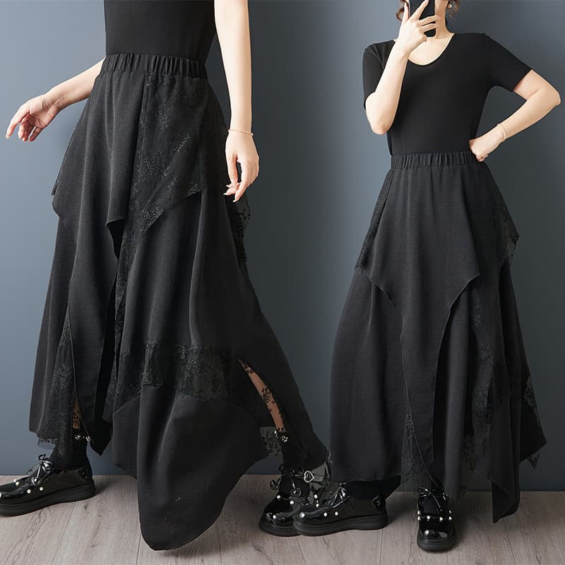 Actual shot of new summer wear, dark style heavy industry lace splicing mesh skirt, versatile slimming irregular skirt