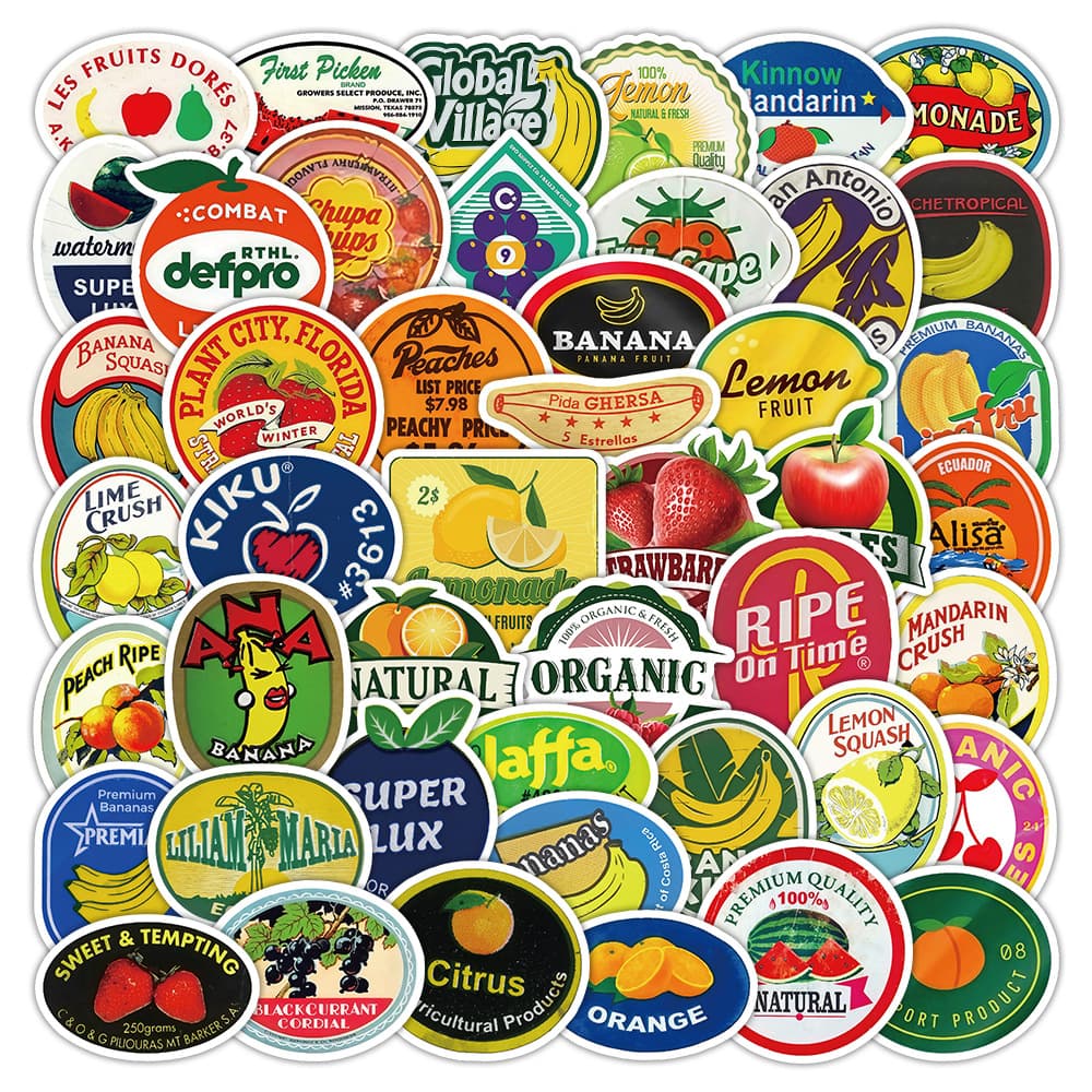 50 Cross-Border Retro Fruit Label Stickers for Mobile Phones and Cars, Waterproof Creative Graffiti DIY Camera Helmet Stickers