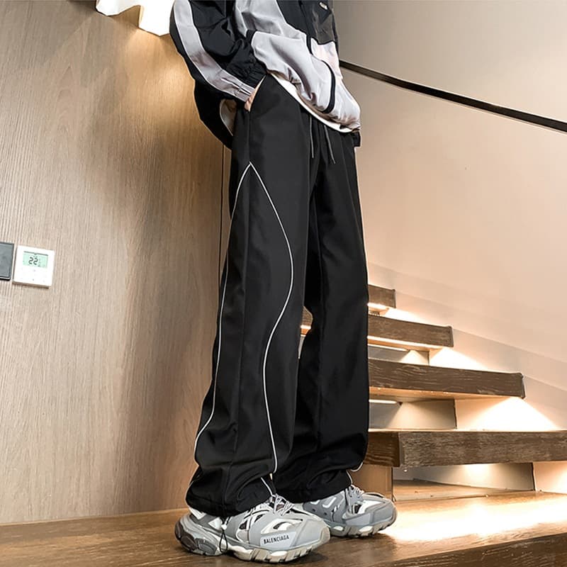 Trendy Straight-Leg Pants Men Sports Versatile Loose High Street Men's Casual Pants Wide-Leg Reflective Stripe Cargo Pants