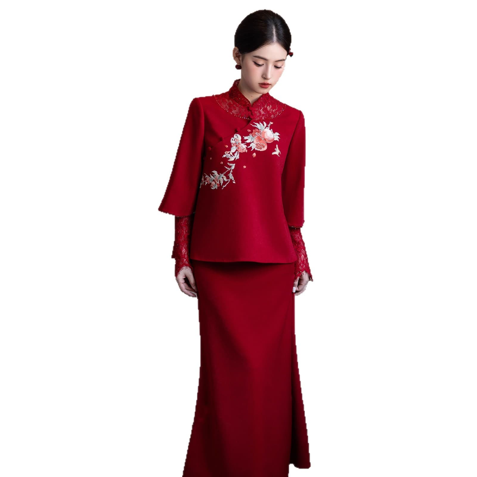 Red Cheongsam Bride Toast Dress, New Chinese Style Wedding Light Luxury Two-Piece Set, Return Door Outfit Casual Gown