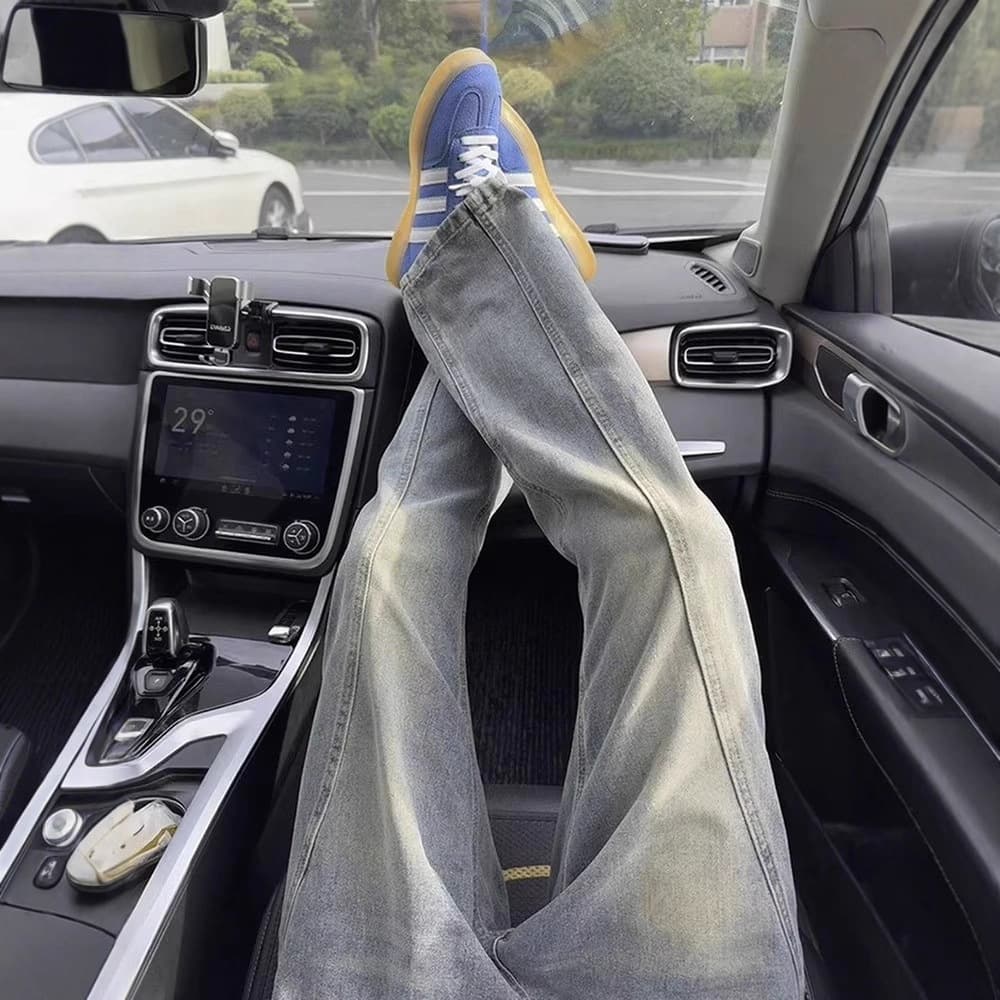 Retro blue bias-cut bootcut jeans for men in autumn American high street vibe pants cleanfit straight scimitar pants