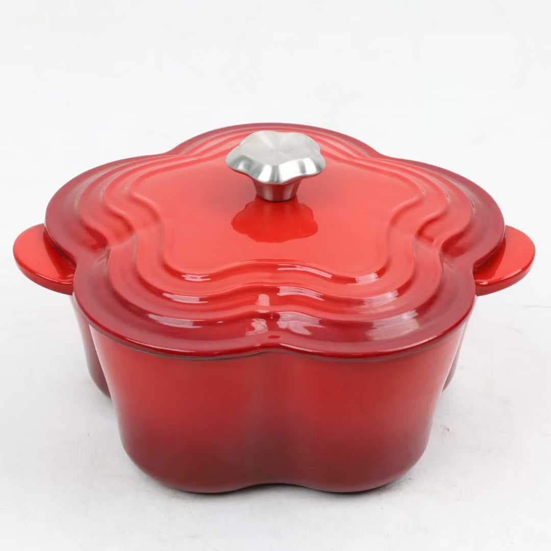 Cast Iron Plum Blossom Pot Enameled Cast Iron Pot 22cm Flat Bottom Pan Specialty Pot Double Ear Cast Iron Pot with Lid Non-Stick Pot