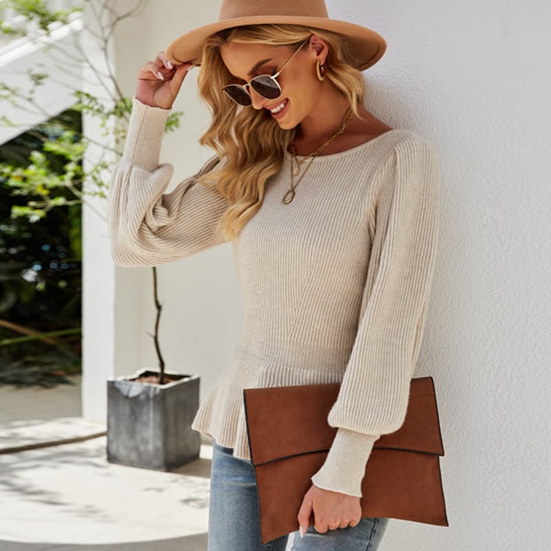 Amazon 2024 Fall/Winter New Waist Lantern Sleeve Knit Top Women's Solid Color Knit Sweater