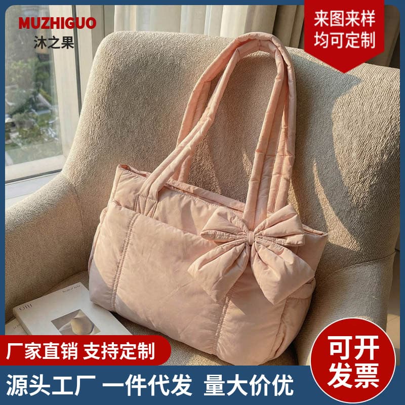 Cross-border New Tote Bag Bow Yoga Bag Winter Embroidered Plaid Space Bag Ultra-light Cotton Single Shoulder Commuter