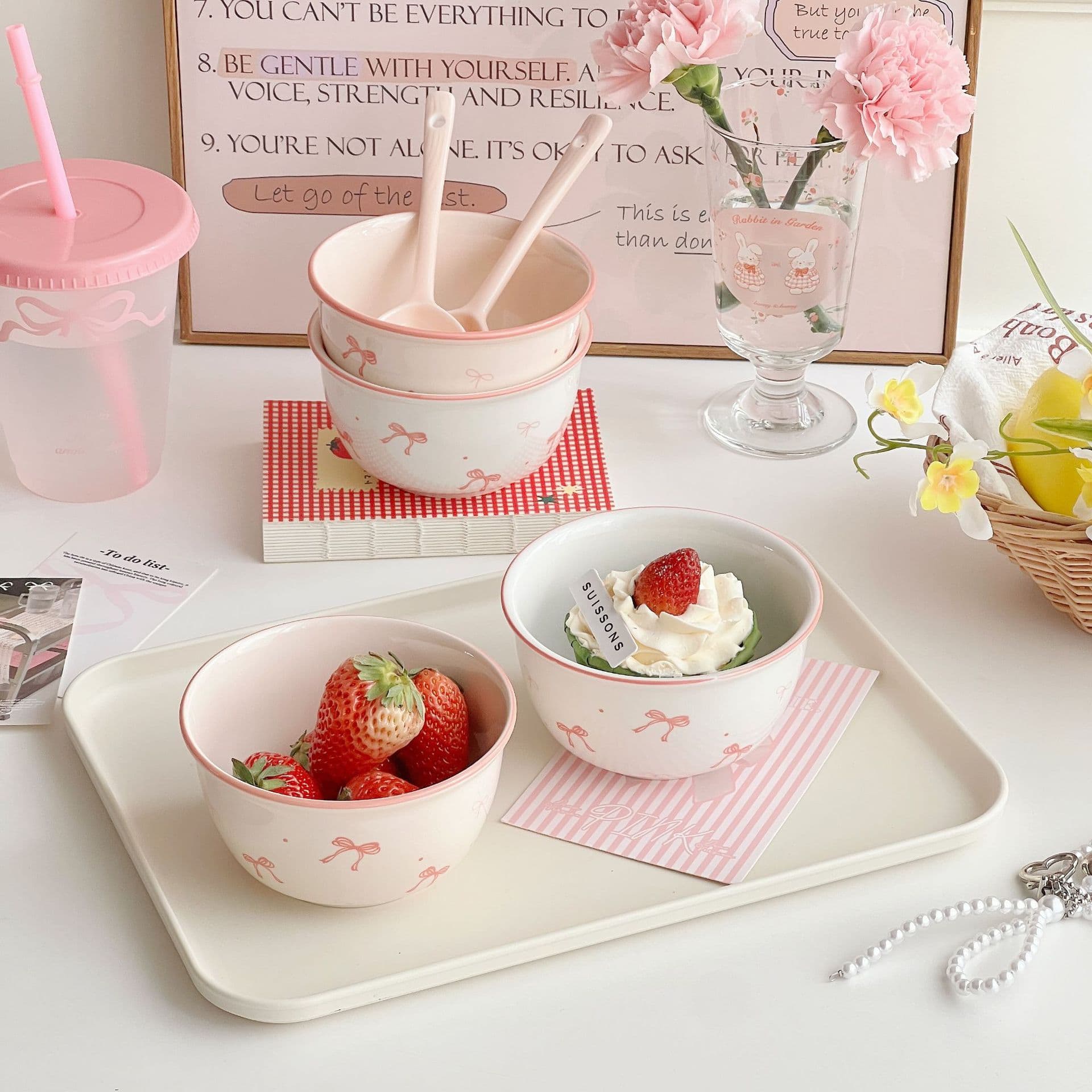 Pink Bow Ceramic Glazed High-Aesthetic Ins Rice Bowl Dessert Cake Bowl