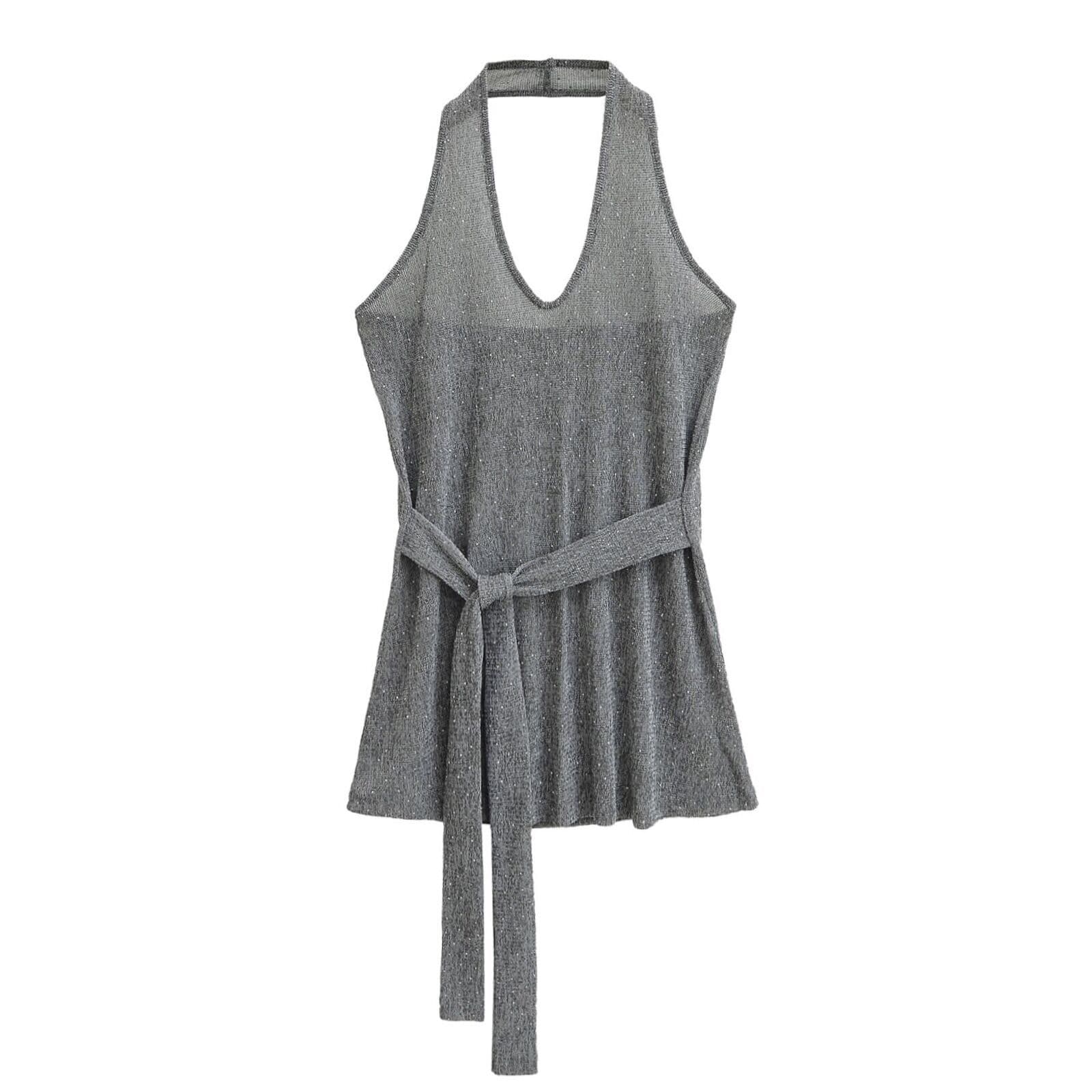 American versatile V-neck slightly sheer halter vest, new gray backless lace-up sleeveless top for summer 2025