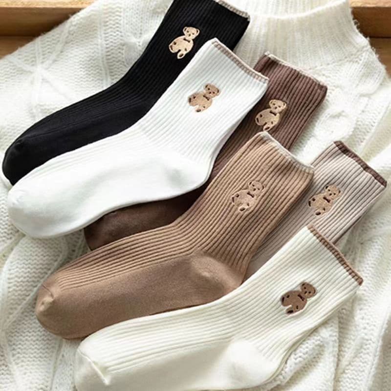 【Zhuji Socks】Cream Color Women's Korean Style Mid-Calf Socks Long Socks Autumn/Winter Warm Japanese Style Versatile Solid Color