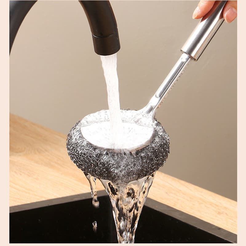 Stainless Steel Pot Brush Long Handle Pot Cleaning Brush, Household Large Steel Wool Ball with Handle, Stain Removal Pot Cleaning Tool