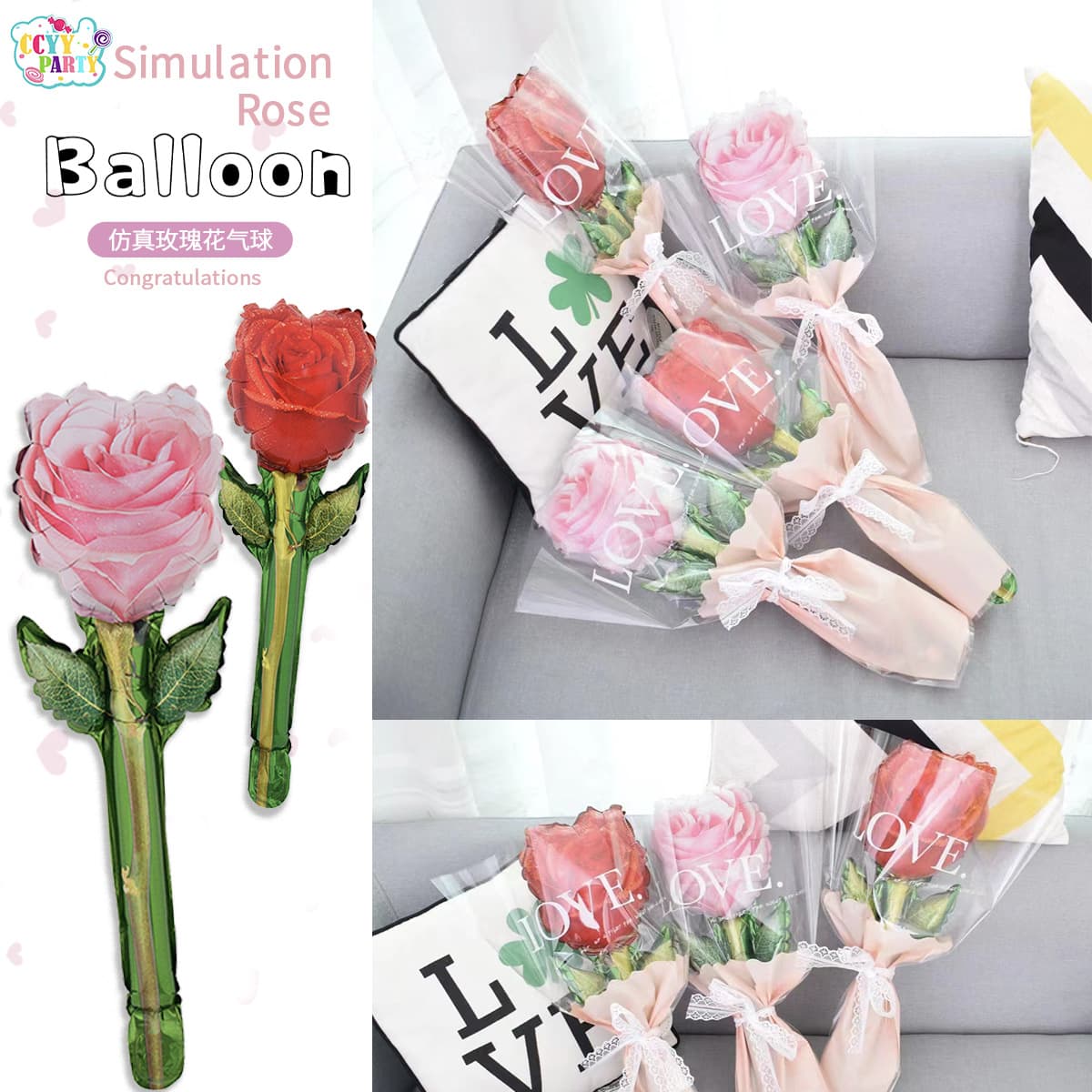 Cross-Border Handheld Simulated Rose Aluminum Film Balloon Teacher's Day Gratitude Blessing Gift Proposal Birthday Party Decoration