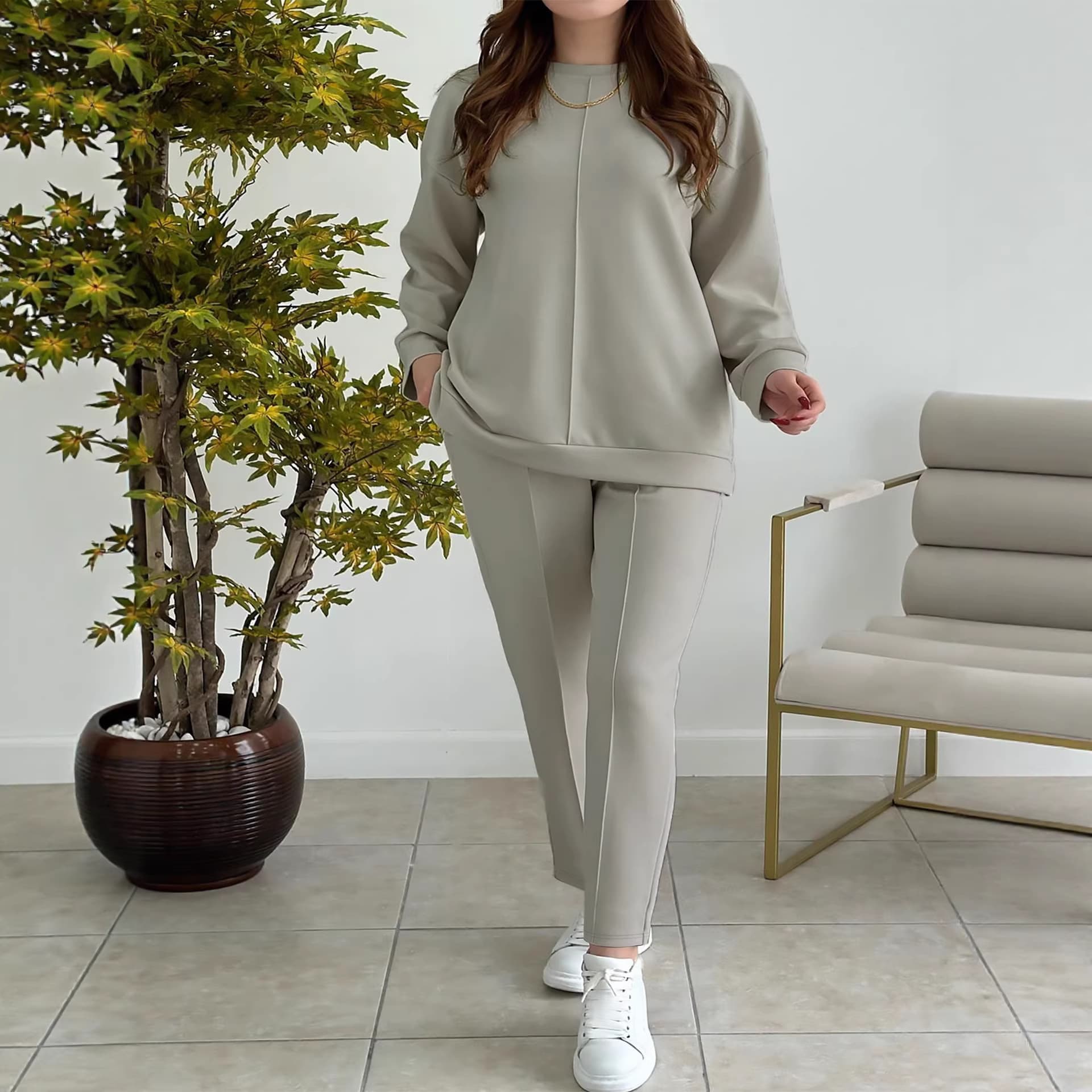 Fashionable Casual Solid Color Simple Round Neck Long Sleeve Long Pants Spring and Autumn New Women's Outfit Set