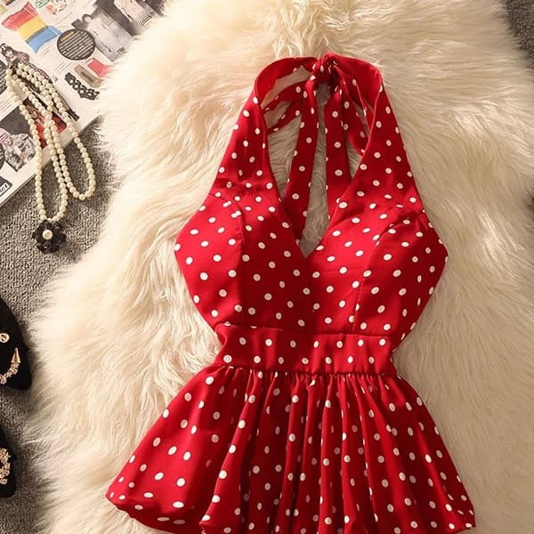 2026 New Summer French Style Sweet Slimming Waist Polka Dot Halterneck Camisole Top