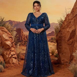 New Plus Size Navy Blue Sequin Evening Gown V-Neck Long Sleeve Mesh Long A-Line Dress Banquet Hostess Gown