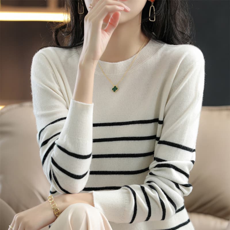 2022 Autumn/Winter Striped Long-Sleeve Cotton Knit Sweater for Women, Round Neck Contrast Color Pullover, Cotton Linen Top