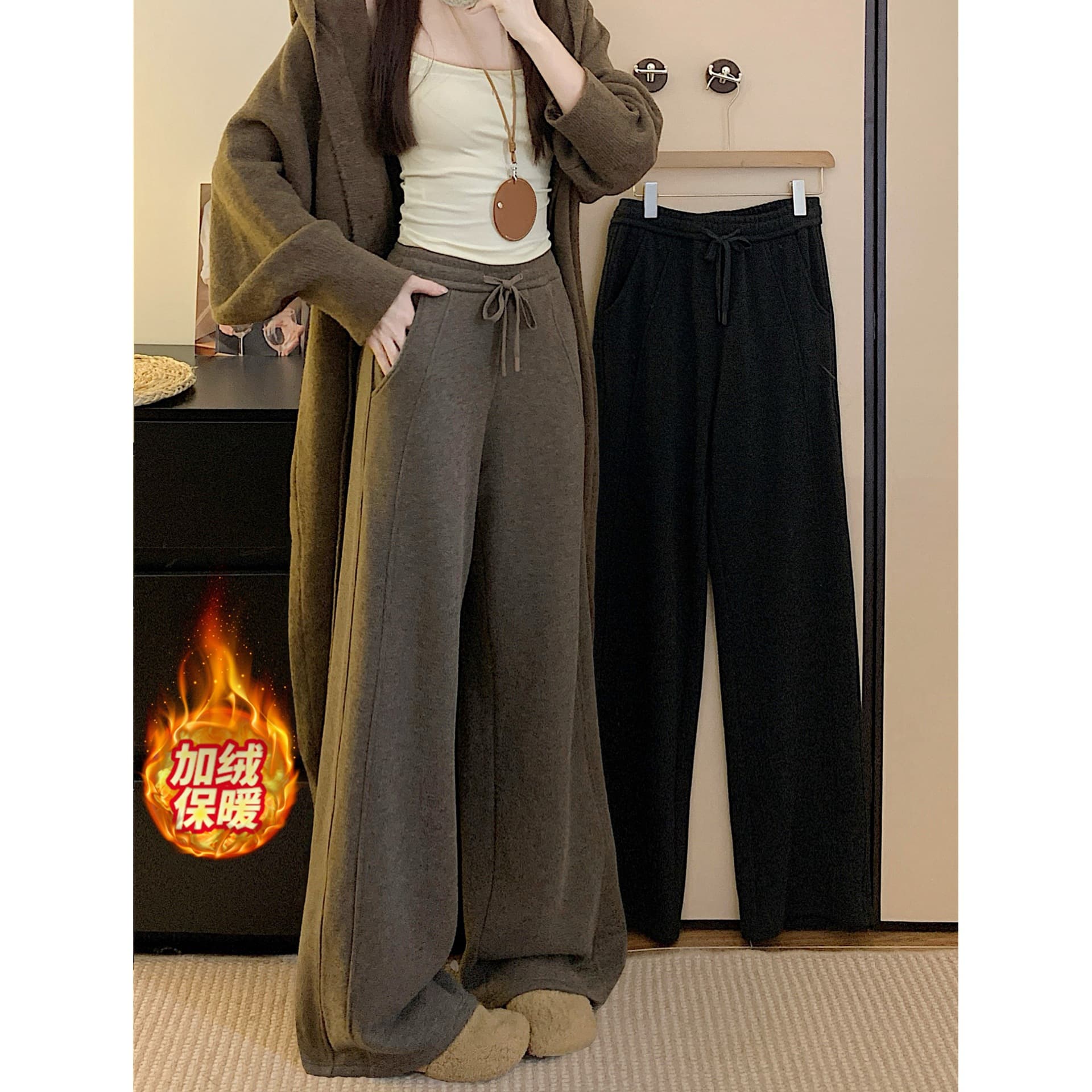 Real Shot 2025 Winter Plus Size High-Waisted Narrow Fit Casual Wide-Leg Pants with Fleece Lining, Warm Floor-Length Straight-Leg Pants 80648