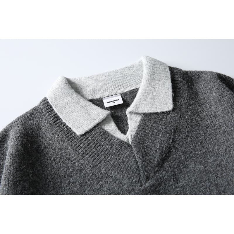 Wuhang original trendy American retro fake two-piece lapel sweater for men and women winter tops sweater MY2530
