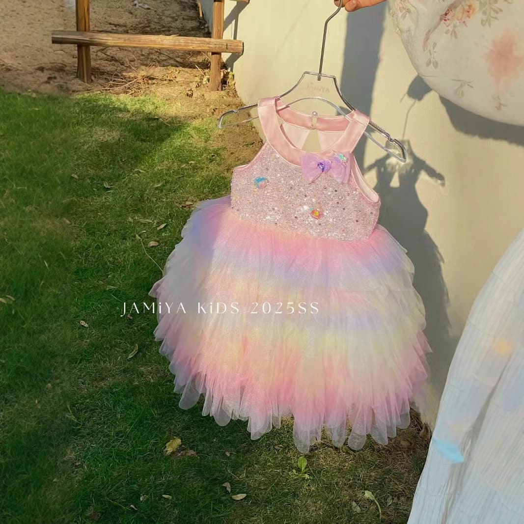2026 Girls Summer Dress Mesh Splicing Rainbow Wings Suspender Princess Dress Children's Performance Costume