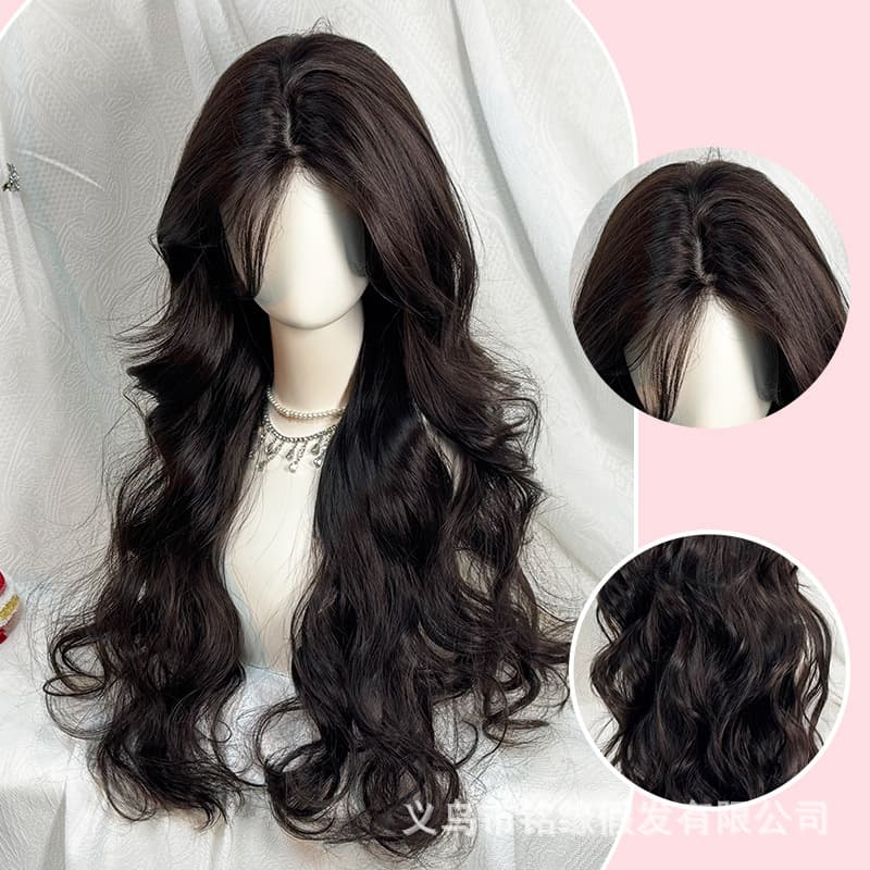 Wig for women with long hair, full headband, large waves, natural simulated human hair, eight-character bangs, long curly hair, full wig set
