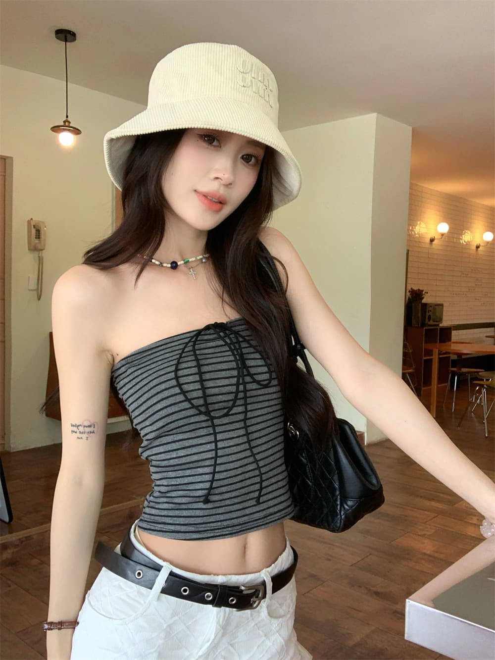 Striped Bow Tie Strap Elastic Tube Top 2025 Spring Summer New American Retro Slim Fit Sexy Crop Top for Women