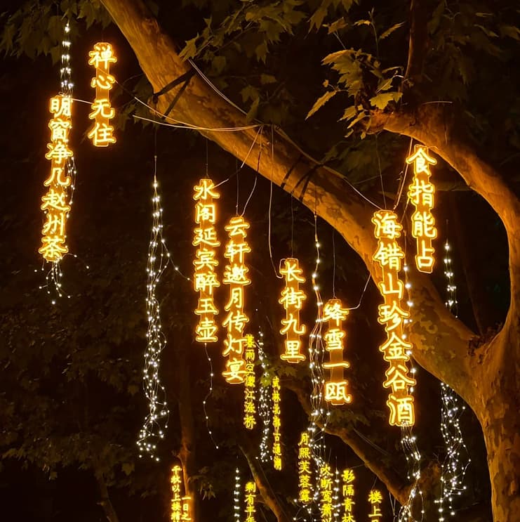 New Year Ancient Poem Neon Light String, Glowing Characters Outdoor String Lights, Hanging on Trees Landscape Lights, Poem Banner Atmosphere Lights