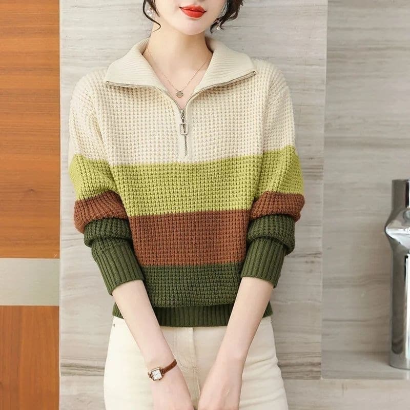 Lazy Style Thickened Color-Blocked Knit Sweater, Loose Striped Base Shirt, New Autumn and Winter Half-Zip Turn-Down Collar Sweater for Women