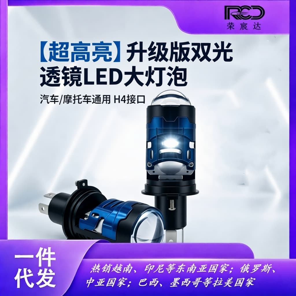 H4 LED Headlight with Strong Light Lens, Fish-Eye Lamp, Universal High/Low Beam, High Brightness Motorcycle Spotlight Factory