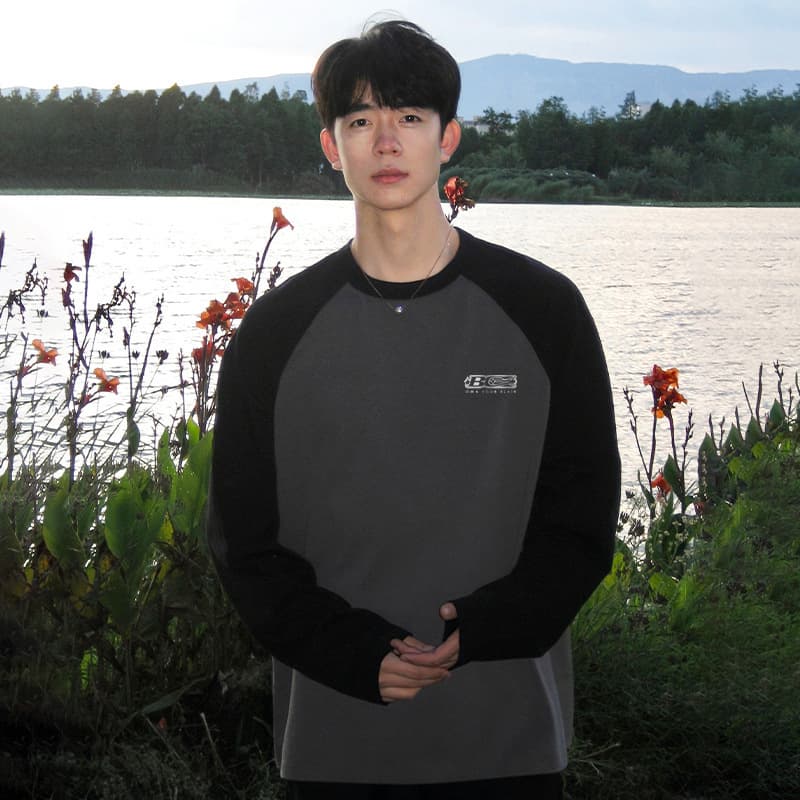American Cotton Raglan Long Sleeve T-Shirt for Men, Heavyweight Cotton Patchwork Base Layer, Youthful Casual Pullover