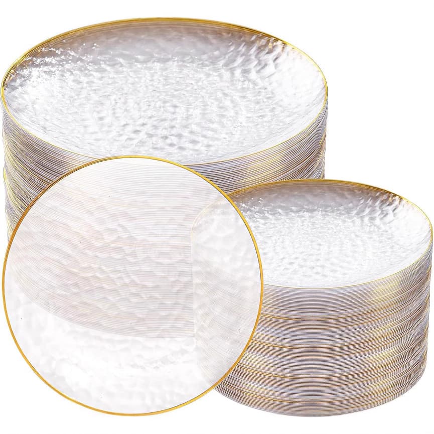 Plastic Disposable Tableware Transparent Gold Plate Hammered Plate Pink Gold Rim Satin Plate Hot Stamping Gold Edge Hammered Party Plate