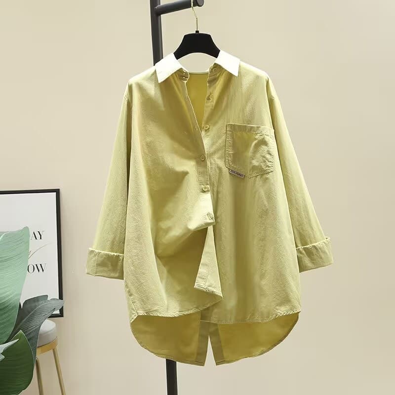 Slit shirt women's long-sleeved spring and autumn new Korean style loose slim versatile shirt top apricot light green