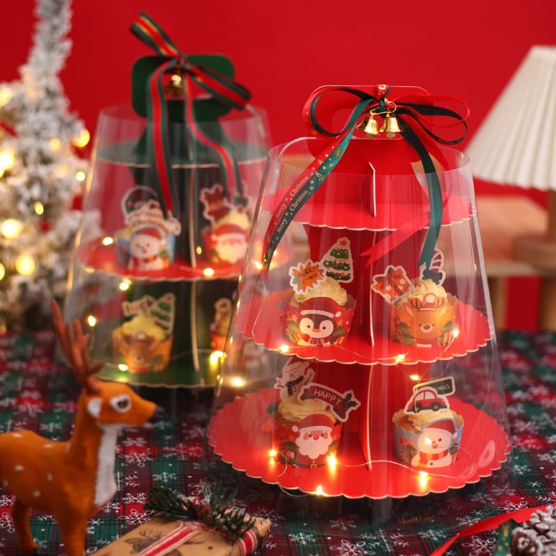 New Year Christmas Cupcake Box Multi-layer Transparent Thickened Happy Tower Baking Dessert Tower Cup Creative Rack