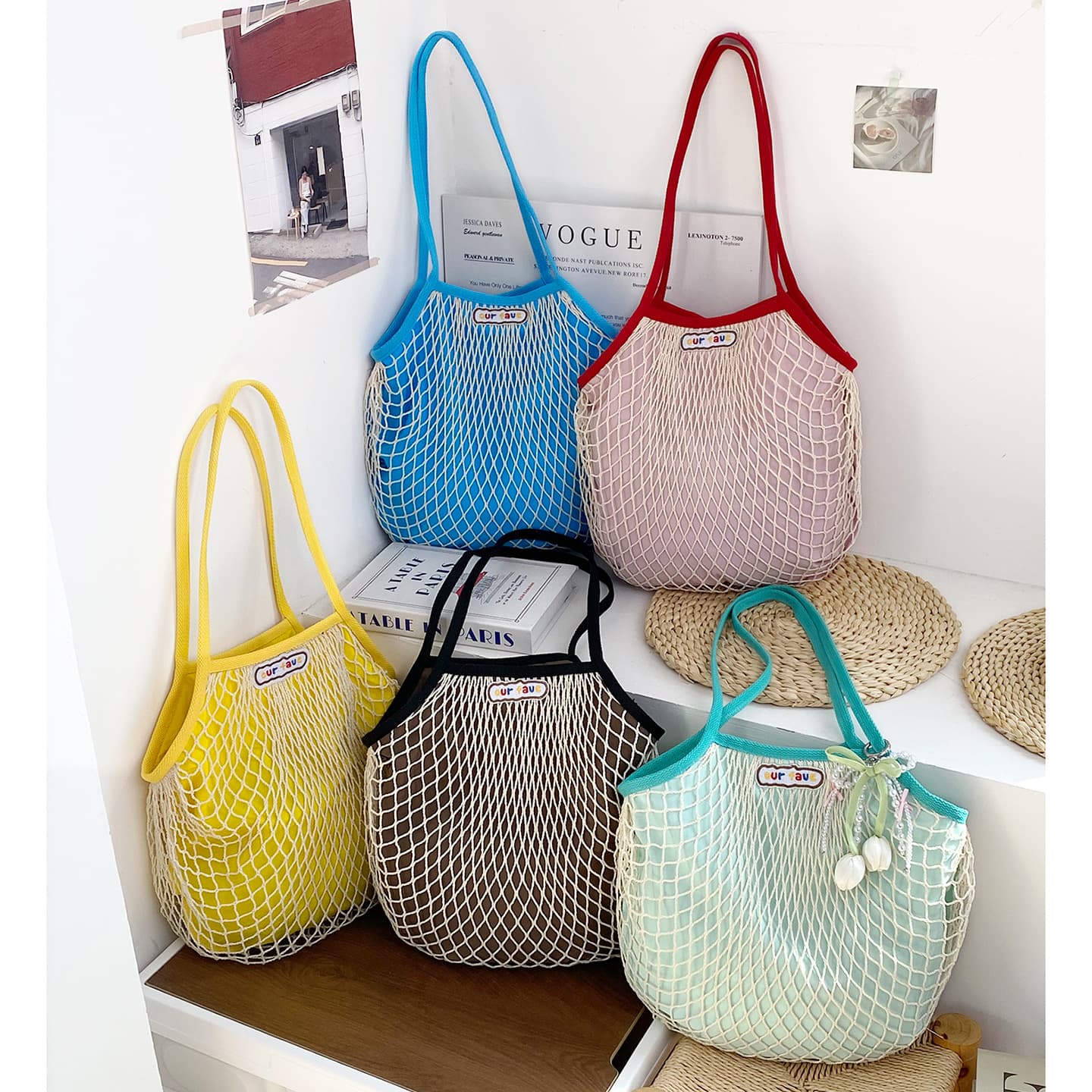 Spring Dopamine Color-Blocking Beach Bag Mesh Hollow Woven Bag Island Vacation Picnic Travel Shoulder Tote Bag